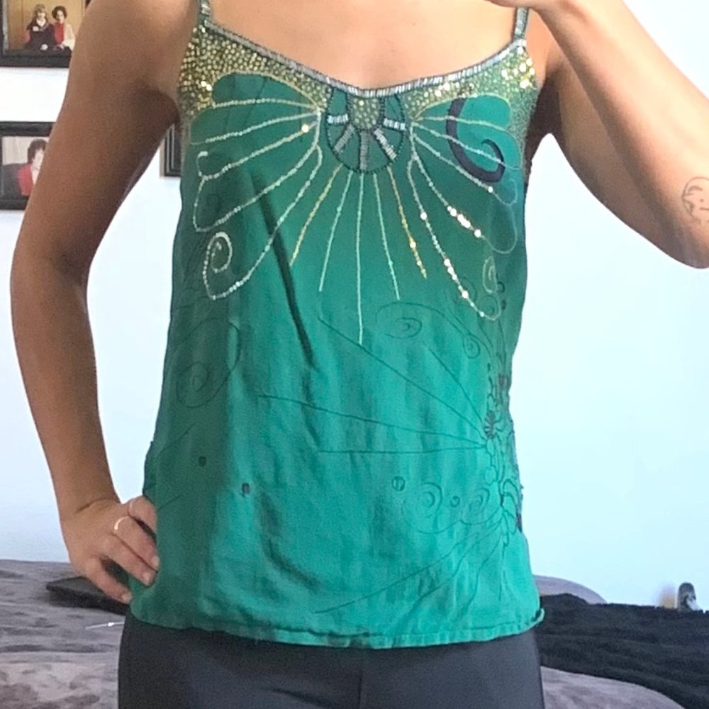 green bohemian tank top w/ beading embroidery tank